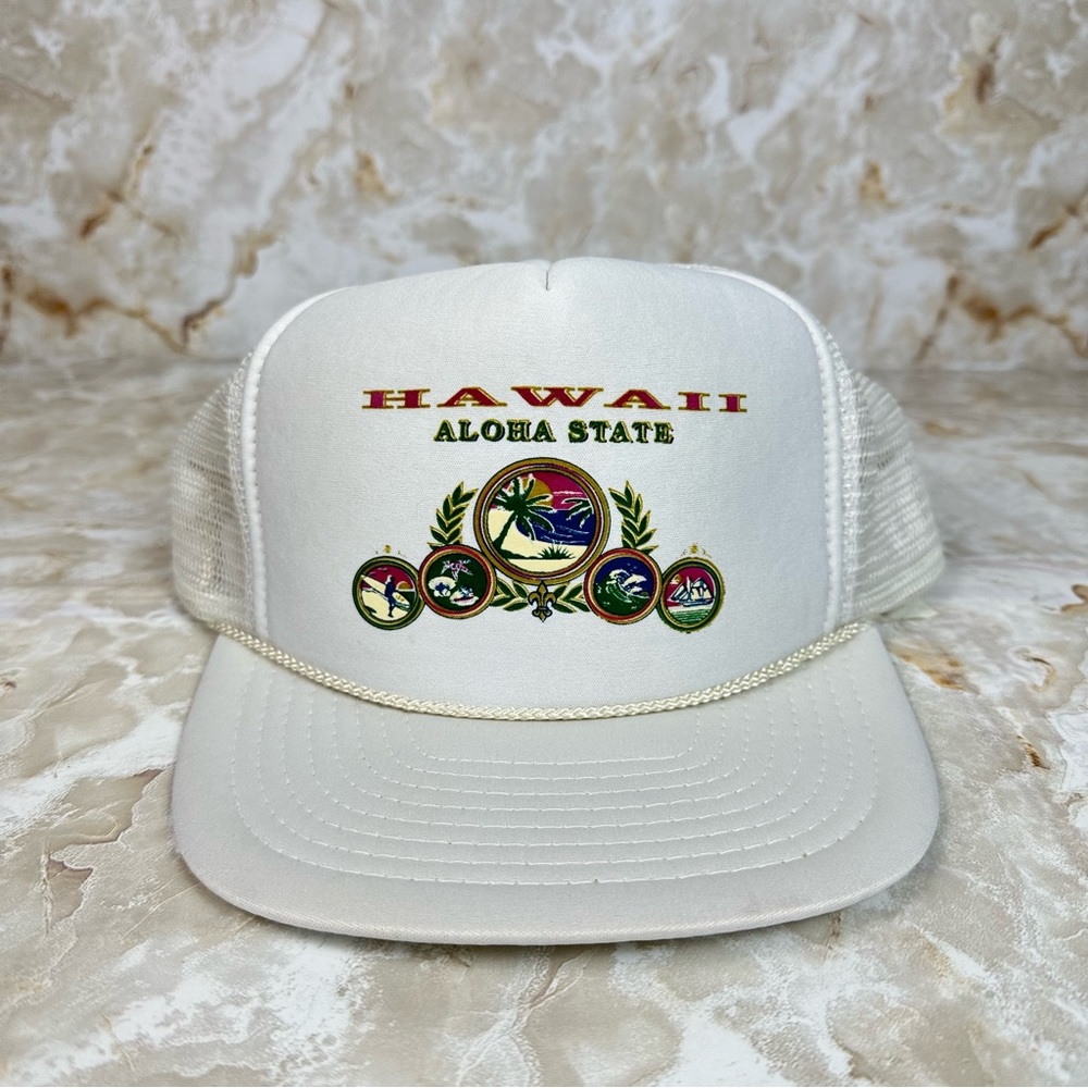 Vintage Hawaii Souvenir Aloha State Trucker Hat Snapback Cap Mesh White
